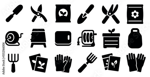 Gardening solid icons set – tools, silhouette, plant and horticulture symbols