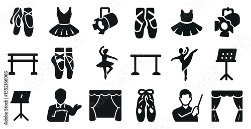 Ballet and dance silhouette icons set – outline, solid, performance symbols