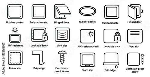 Industrial components line icons set – gasket, latch, and sealing elements symbols