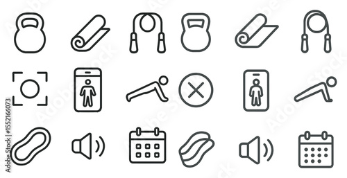 Fitness and exercise outline icons set – yoga, workout, training symbols