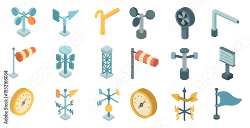 Weather monitoring isometric icons set – flat, filled, meteorological instruments