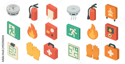 Safety and emergency isometric icons set – 3d, hazard, alert symbols collection