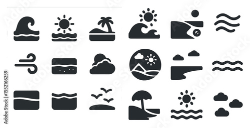Beach and nature silhouette icons set – flat, filled, ocean and outdoor symbols