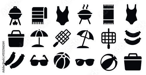 Summer barbecue silhouette icons set – filled, picnic, outdoor party symbols