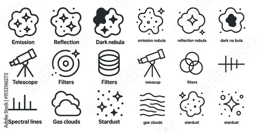 Astronomy and space outline icons set – celestial, telescope, stargazing symbols