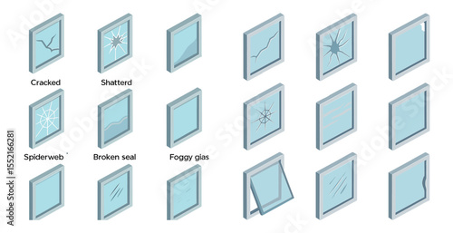Window repair 3d icons set – cracked, shattered, home maintenance symbols