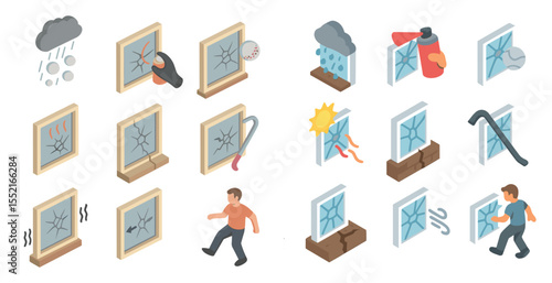 Window damage isometric icons set – breakage, vandalism, weather impact symbols