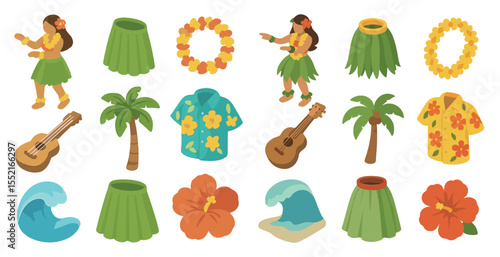 Hawaiian culture flat icons set – tropical, beach, hula and island symbols