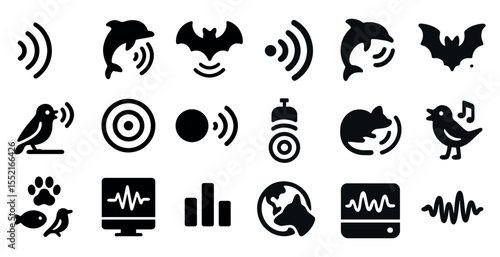 Animal sound solid icons set – silhouette, silhouette, wildlife and acoustic symbols
