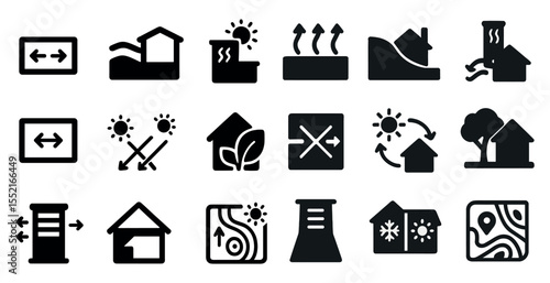 Heating and cooling solid icons set – flat, filled, hvac and climate control symbols