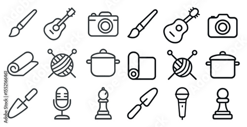 Creative hobbies outline icons set – linear, line, art and craft symbols