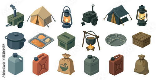 Camping and outdoor isometric icons set – adventure, equipment, hiking essentials