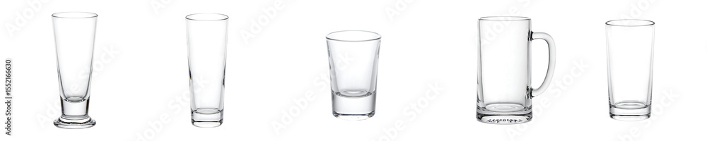 A set of various transparent drinking glasses in different shapes and sizes A set of various transparent drinking glasses in different shapes and sizes