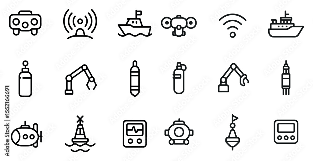 Fototapeta premium Maritime and nautical line icons set – outline, ocean, marine navigation graphics