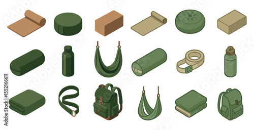 Camping and outdoor gear icons set – isometric, silhouette, adventure essentials