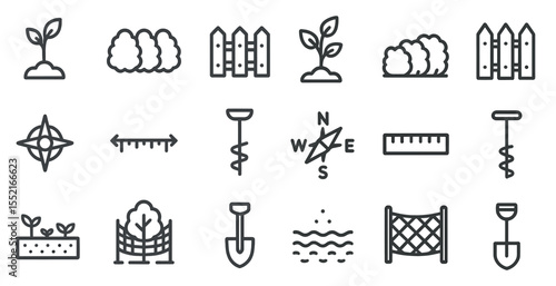 Gardening line icons set – outline, linear, planting and horticulture symbols