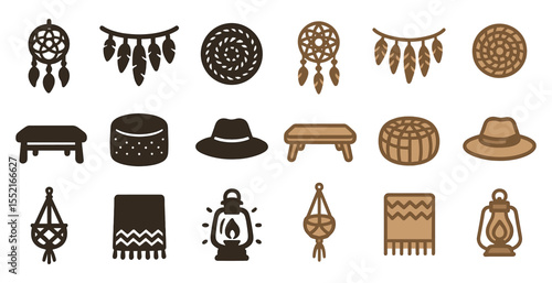 Home decor silhouette icons set – filled, vintage, cozy elements