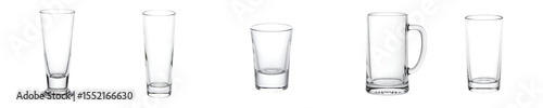 A set of various transparent drinking glasses in different shapes and sizes