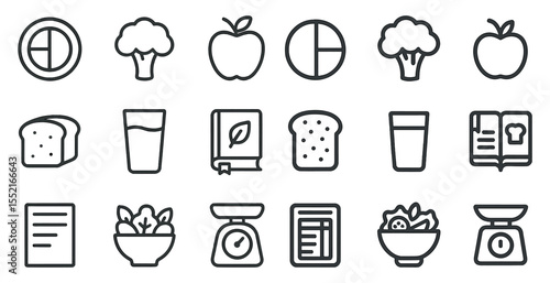 Healthy nutrition outline icons set – linear, food, diet and wellness symbols