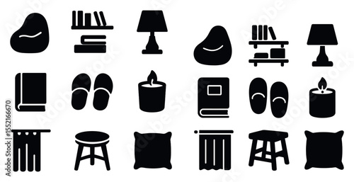 Home decor silhouette icons set – solid, filled, interior and furniture symbols