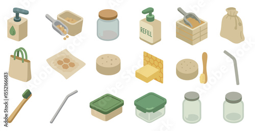 Zero waste lifestyle icons set – isometric, eco-friendly, sustainable symbols