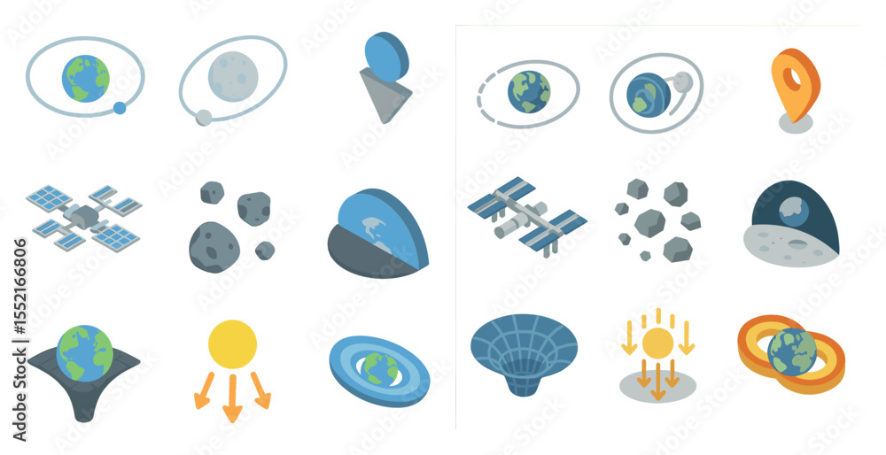 Space exploration isometric icons set – planets, galaxy, cosmic navigation symbols Space exploration isometric icons set – planets, galaxy, cosmic navigation symbols