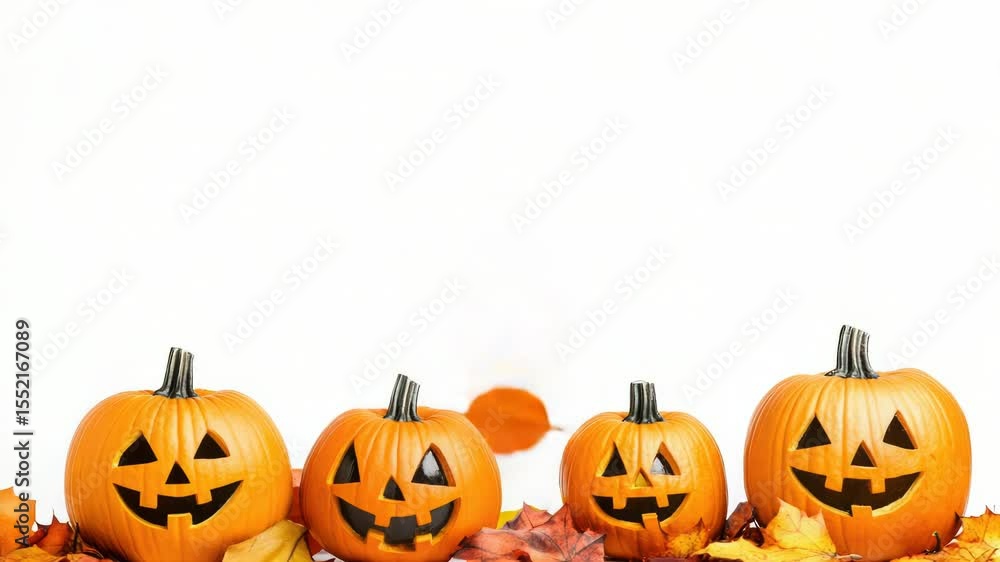 A group of pumpkins sit atop a pile of fall leaves, ready for harvest or decoration A group of pumpkins sit atop a pile of fall leaves, ready for harvest or decoration