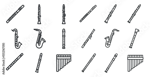 Woodwind instruments outline icons set – linear, minimalist, music and band symbols