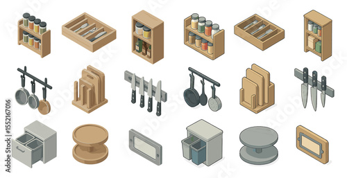 Kitchen and dining isometric icons set – flat, culinary, cookware essentials