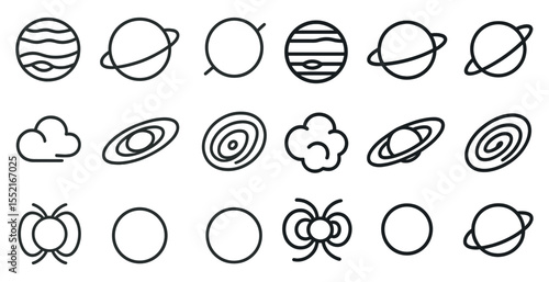 Space and astronomy icons set – outline, linear, celestial and cosmic symbols