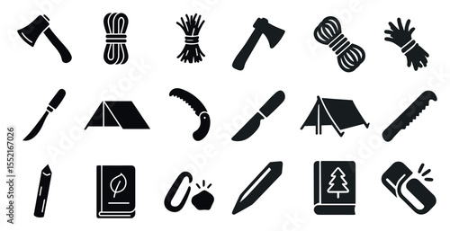 Camping essentials silhouette icons set – solid, outline, outdoor adventure tools