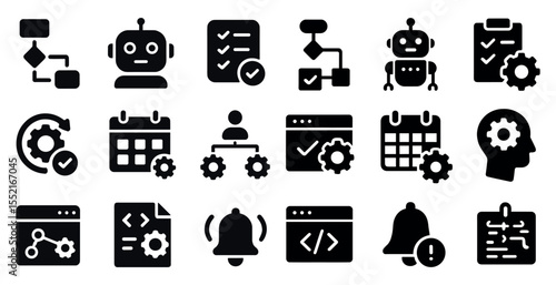 Workflow and automation solid icons set – filled, task management symbols