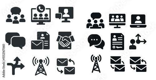 Business communication solid icons set – filled, corporate, networking symbols