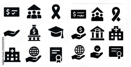 Charity and donation solid icons set – fundraising, community, aid symbols