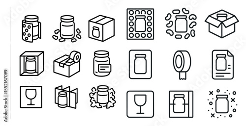Pharmaceutical and packaging outline icons set – flat, linear, medicine symbols