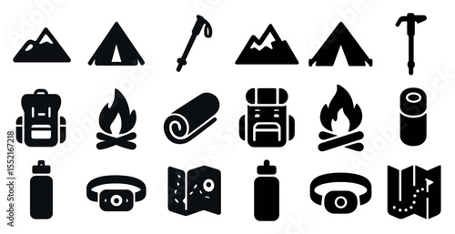 Camping and adventure icons set – silhouette, solid, outdoor and travel essentials