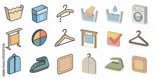 Laundry and cleaning icons set – isometric, outline, wash and household symbols