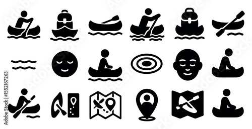 Outdoor adventure solid icons set – silhouette, filled, camping and hiking symbols