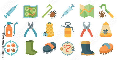 Pest control flat icons set – filled, vector, extermination tools and symbols