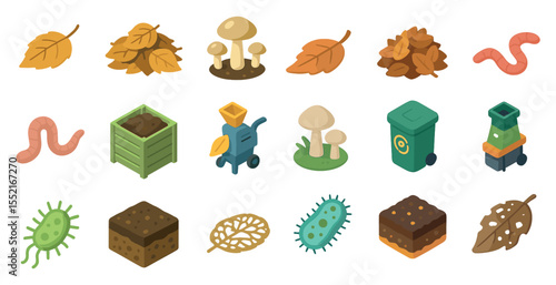 Composting icons set – isometric, 3d, recycling and waste management symbols