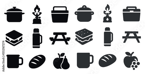 Camping and outdoor solid icons set – filled, silhouette, adventure essentials symbols