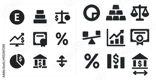 Finance and business filled icons set – solid, monetary, economic symbols