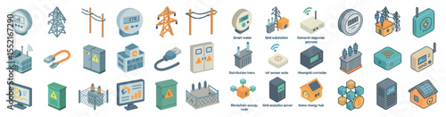 Energy and technology isometric icons set – power, digital, electricity symbols