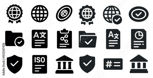 Quality assurance solid icons set – certification, checklist, compliance symbols