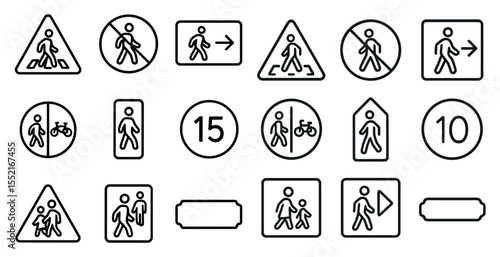 Pedestrian and traffic outline icons set – linear, road safety, walking symbols