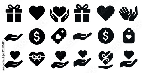 Gift and charity icons set – solid, filled, donation and support symbols