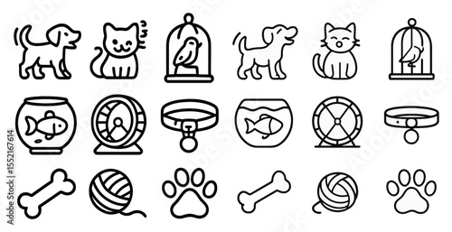 Pet care outline icons set – silhouette, line, animal companion symbols