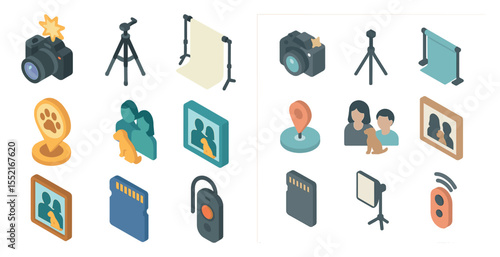 Photography and family isometric icons set – studio, camera, pet portrait symbols