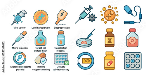 Biotechnology flat icons set – lab, dna, medical research symbols