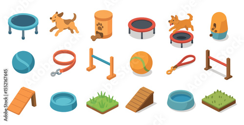 Pet training isometric icons set – obedience, agility, animal behavior symbols